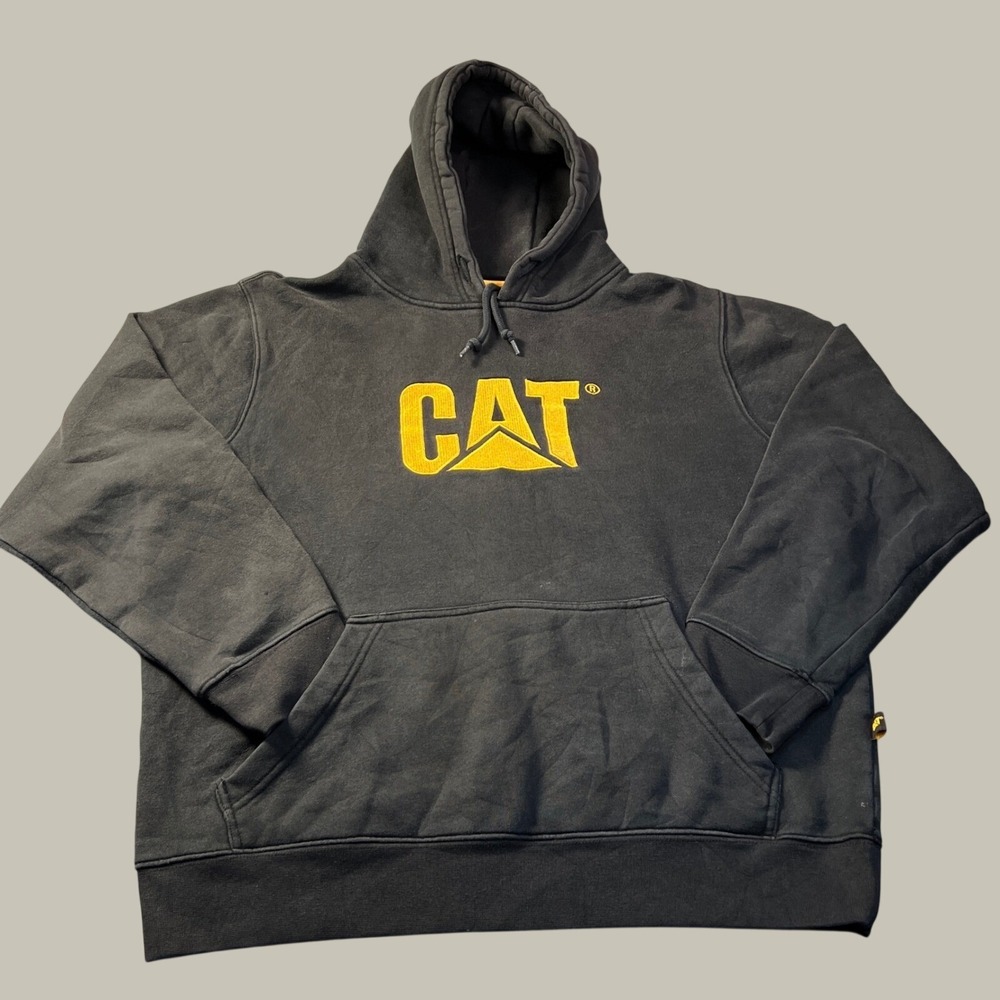 Caterpillar Trademark Embroidered CAT Mens Large Black Yellow Logo Hoodie HEAVY